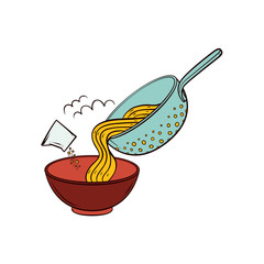 Cooking pasta - put spaghetti from colander into bowl, add salt, seasoning, hand drawn vector illustration isolated on white background. Putting cooked spaghetti from pasta strainer into serving bowl