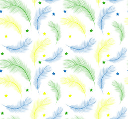 Fototapeta na wymiar Brazil Carnival seamless pattern with feathers blue, yellow, green color. Repeating texture. Peacock feather endless background. Vector illustration