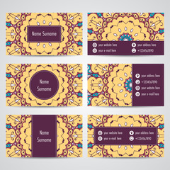 Set of business cards with floral mandala ornaments. Vector illustration