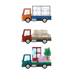Set of Small Cargo Trucks, Van with Windows, Red Mini Lorry with Boxes, Green Truck with Furniture, Transport and Delivery Services, Logistics, Vector Illustration