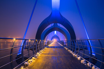 Solvesborgsbron pedestrian bridge at dusk in Sweden. At 756 meters the longest pedestrian bridge in...