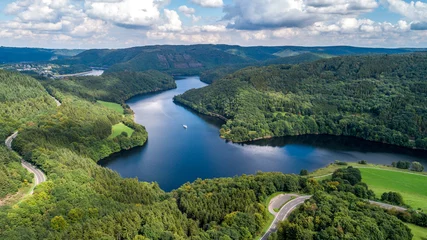 Deurstickers Natuur Bird's eye view of lake and forest taken by drone