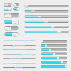 Set of gray and blue interface buttons, sliders