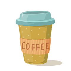Coffee cup vector illustration. Paper  cup with polka dot pattern isolated on background. Plastic cup with hot coffee in flat style. Coffee cup beans. 