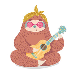 cute cartoon sloth in hippie style and pink glasses plays guitar.  print,patch or sticker design