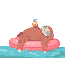 cute hand drawn cartoon vector sloth in inflatable tube with coctail. colorful animal illustration © dromp