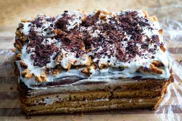 chocolate cake on table close-up natural light