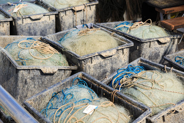 Commercial fishing nets in a fishing boat.