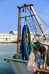 Fishing nets on a fishing boat. Pesaro, Marche, Italy