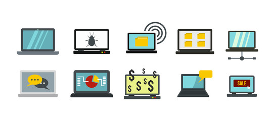 Laptop icon set, flat style
