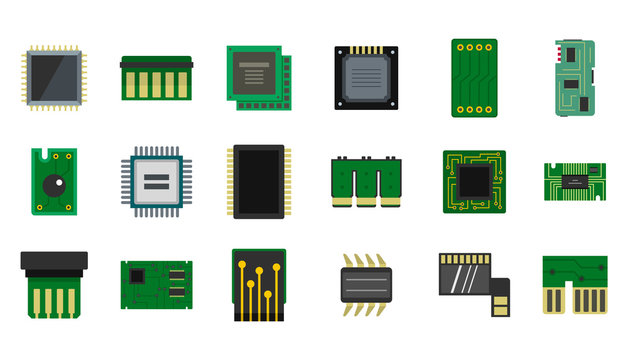 Micro chip icon set, flat style