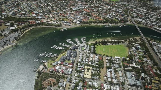 Aerial view of Fremantle Harbour, near Perth, the Western Australia's largest and busiest general cargo port. Scenic flight over Fishing Boat Harbour and South Beach, Australia.