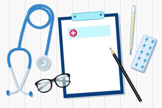 Stethoscope On A White Table Of The Doctor's Office, Next To A Note, Glasses,thermometer, Drug And Pencil.  Medical Concept Flat Style Illustrator Vector