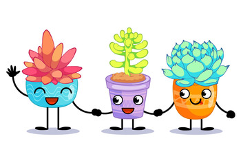  Cartoon succulents characters. Vector illustration is suitable for greeting cards and prints on t-shirts.
