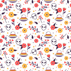 Colorful floral seamless pattern with spaceships and alien faces