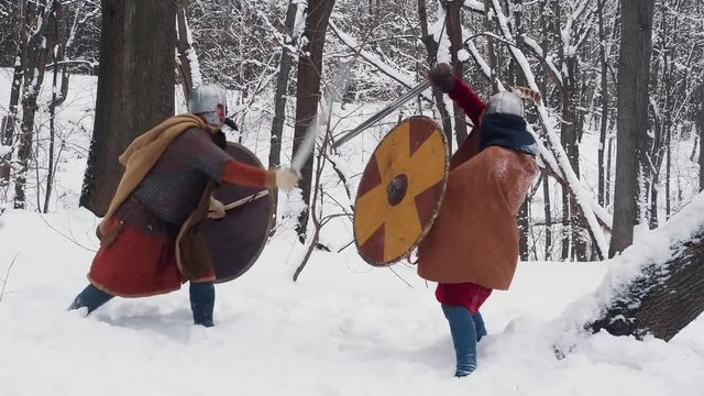 Medieval irish and frankish warriors in armor fighting in a winter forest with swords and shields