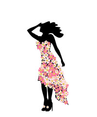 silhouette girl model floral dress at party. Girl and festival of flowers.