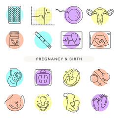 Pregnancy and childbirth. Vector line icons.