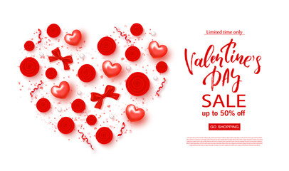 Valentines day sale banner. Beautiful Background with Hearts , bows, roses and serpentine. Vector illustration for website , posters, email and newsletter designs, ads, coupons, promotional material.