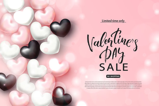 Valentine's day sale banner. Beautiful Background with Realistic Hearts. Vector illustration for website , posters, email and newsletter designs, ads, coupons, promotional material.