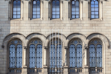 Detail facade historic building of University, square, Plaza Universitat. Barcelona.