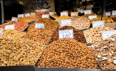 Mixed nuts and dried fruits in market stall