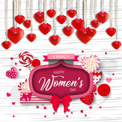 Women day background. 8 march women's day greeting card. Happy Womens Day.  Card for 8 March women's day. Abstract background womens day with hanging heart. Vector illustration.