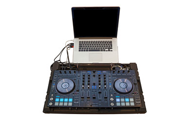 Obraz premium music console and headphones for DJ. DJ console cd mp4 deejay mixing desk music party in nightclub. DJ console for experiments with music