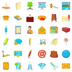 Postal service icons set, cartoon style