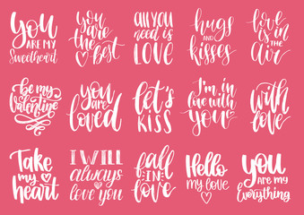 Naklejka premium Vector hand lettering phrases Take My Heart, Hugs And Kisses etc. February 14 calligraphy set. Valentines day typography