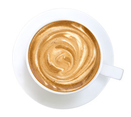 Top view of hot coffee latte cappuccino spiral foam isolated on white background, clipping path included