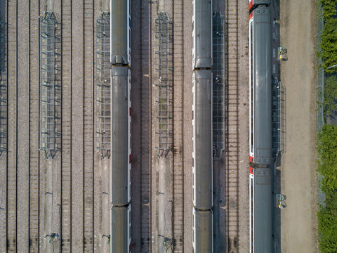 Graphic aerial view of train on rails