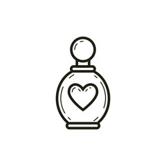 black and white linear icon of perfume bottle with heart