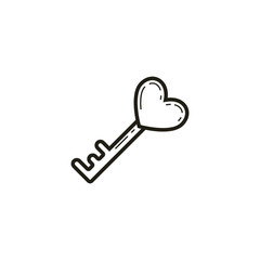 black and white linear icon of a heart-shaped key