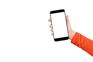 A boy hand holding smartphone with empty screen, isolated on white background. Free space for text