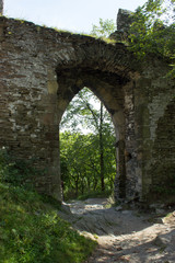 Fototapeta na wymiar Path to the forest leads through castle gate