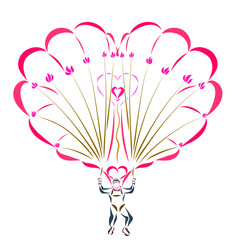 Man on a parachute in the shape of heart, with flowers