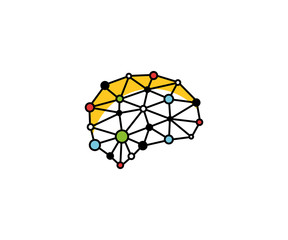 Brain blockchain logo template orange. Neuronal digital communication vector design. Mind dots illustration