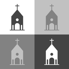 Church building icon. White vector icon on white-grey-black color