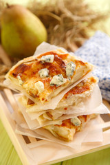 Appetizing pie with apples and blue cheese