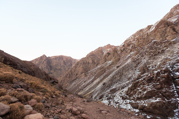 High Atlas Mountains. Walking hiking trail. Morocco, winter. Wild nature landscape.