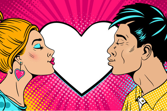 Wow couple. Happy young man and sexy woman in profile stretch to each other for a kiss and speech bubble in form of heart. Vector background in retro pop art comic style. Valentines day party poster.