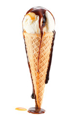 melting ice cream in waffle cone isolated on white background