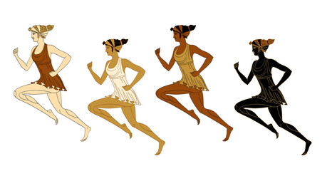 Four running women in Greek style. Marathon. Vector. Isolated on white background