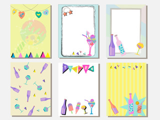 Fototapeta na wymiar Cute vector card set of ice creams, drinks and bottle of wine. Vintage cards with patterns and ornaments. Hand drawn card set for menus, brochures, summer set and template design. Vector illustration