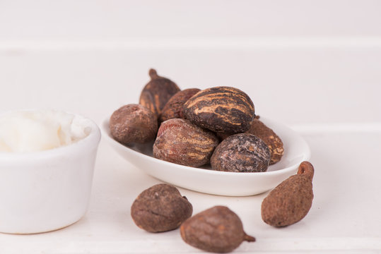Shea butter nuts on a white table
