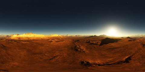 Naklejka premium Panorama 360 HDRI zachodu słońca na Marsie. Krajobraz Marsa, mapa środowiska. Projekcja równokątna, panorama sferyczna. Ilustracja 3D