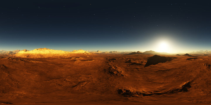 360 HDRI panorama of Mars sunset. Martian landscape, environment map. Equirectangular projection, spherical panorama. 3d illustration