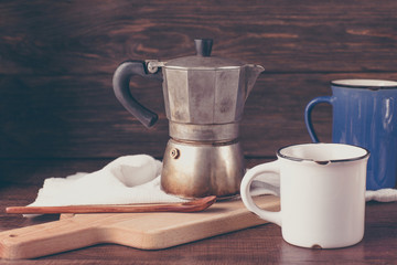 retro coffee pot, geyser, blue and white mug