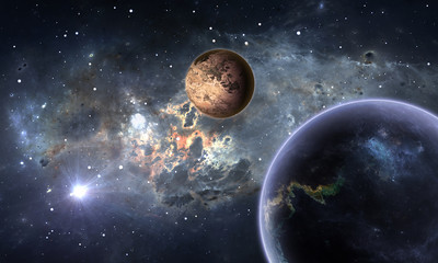 Obraz na płótnie Canvas Exoplanets or Extrasolar planets with stars on background nebula, 3D illustration